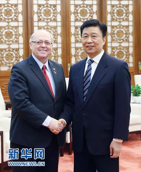 1月4日，中國國家副主席李源潮在北京人民大會堂會見加拿大參議長富里。新華社記者 姚大偉 攝