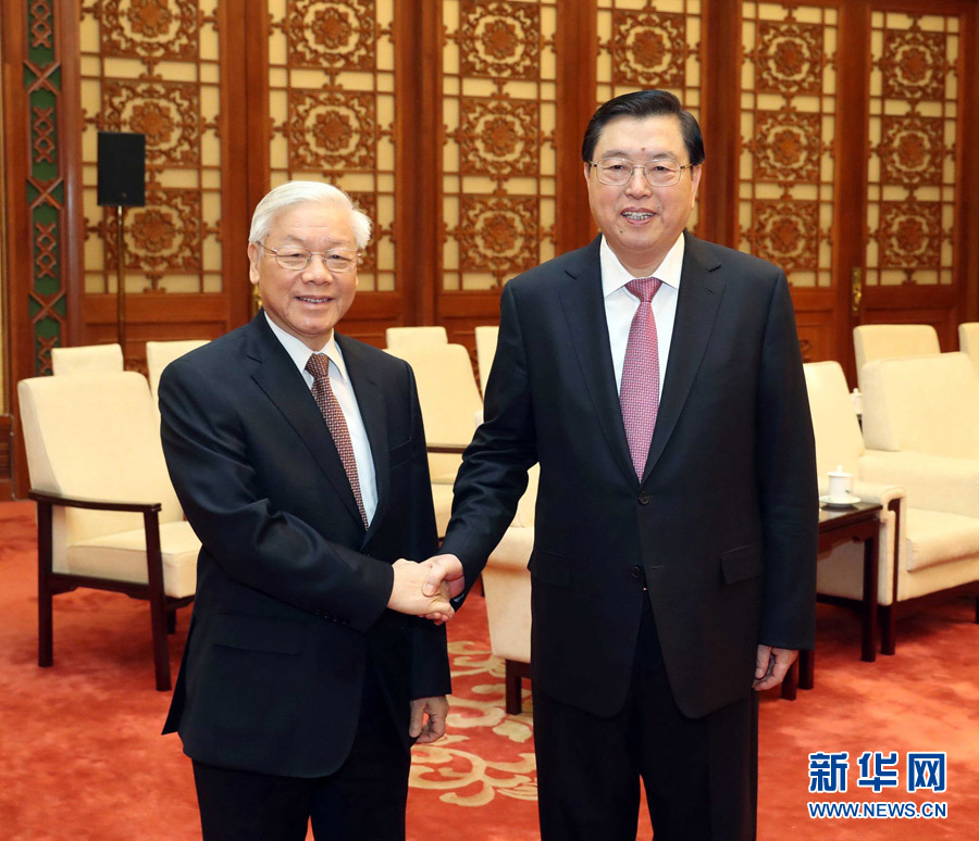 1月13日，中共中央政治局常委、全國人大常委會委員長張德江在北京人民大會堂會見越共中央總書記阮富仲。 新華社記者 劉衛兵 攝