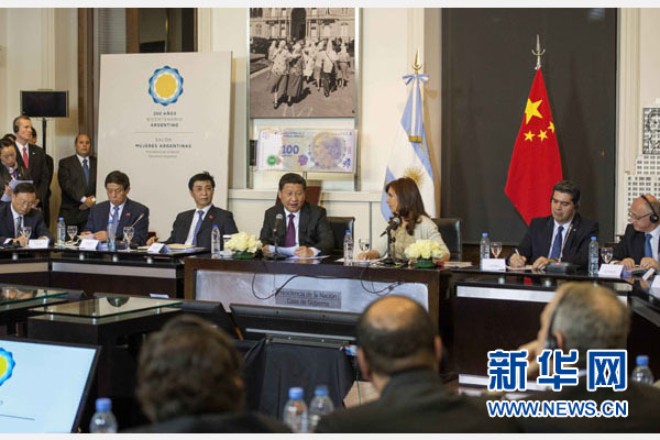 當地時間7月18日，國家主席習近平在布宜諾斯艾利斯同阿根廷總統克里斯蒂娜舉行會談。 新華社記者 李學仁 攝