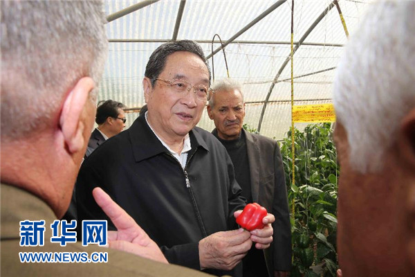 11月8日，正在約旦進行正式友好訪問的全國政協主席俞正聲在約旦河谷參觀碩果農業合作社。 新華社記者 劉衛兵 攝 
