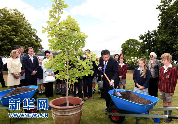 11月18日，國家主席習近平在澳大利亞塔斯馬尼亞州與朗塞斯頓市斯科奇－歐克伯恩小學的小學生共同植樹。新華社記者 饒愛民 攝