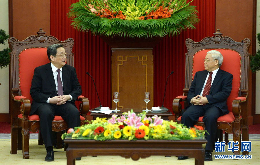 12月25日至27日，中共中央政治局常委、全國政協主席俞正聲對越南進行正式訪問。這是12月26日，俞正聲在河內會見越共中央總書記阮富仲。 新華社記者馬占成攝