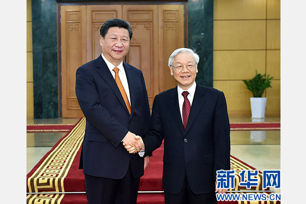 11月5日，中共中央總書記、國家主席習近平在河內同越共中央總書記阮富仲舉行會談。 新華社記者李濤攝