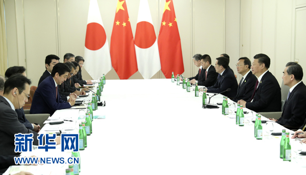 7月8日，國家主席習近平應約在漢堡會見日本首相安倍晉三。新華社記者 馬占成 攝
